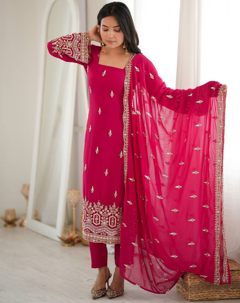 Pretty Rani Pink Bead Work Georgette Function Wear Pant Suit