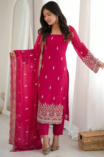 Pretty Rani Pink Bead Work Georgette Function Wear Pant Suit
