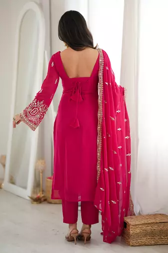 Pretty Rani Pink Bead Work Georgette Function Wear Pant Suit
