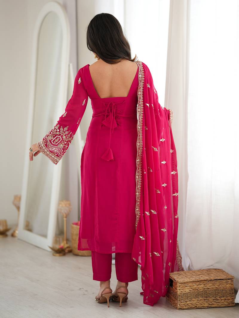 Pretty Rani Pink Bead Work Georgette Function Wear Pant Suit