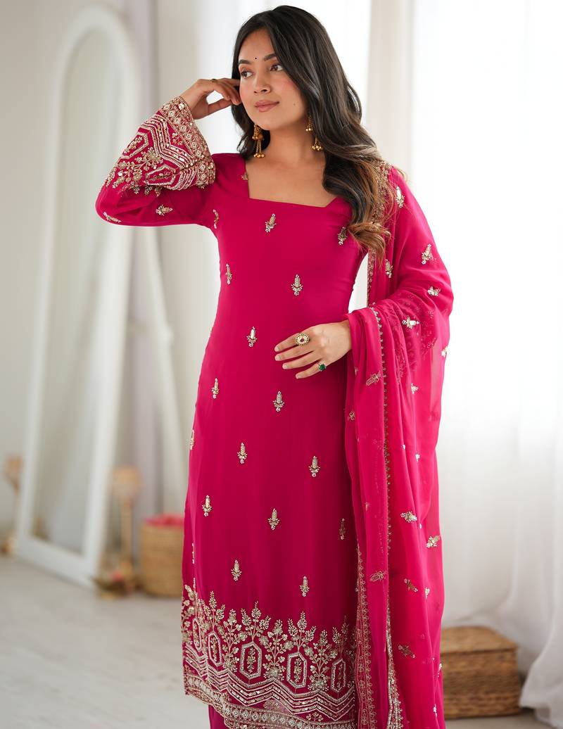 Pretty Rani Pink Bead Work Georgette Function Wear Pant Suit
