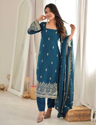 Majestic Teal Blue Sequins Georgette Wedding Wear Salwar Suit 1