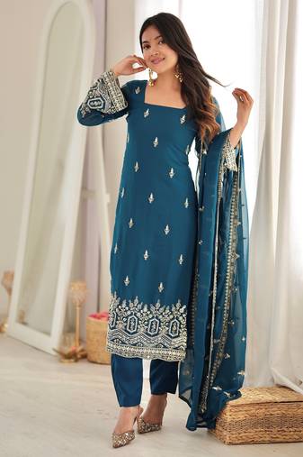Majestic Teal Blue Sequins Georgette Wedding Wear Salwar Suit