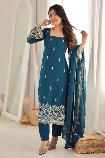 Majestic Teal Blue Sequins Georgette Wedding Wear Salwar Suit