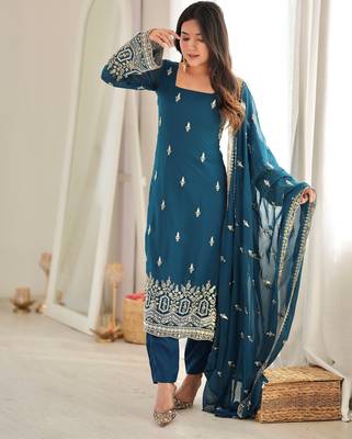Majestic Teal Blue Sequins Georgette Wedding Wear Salwar Suit 2