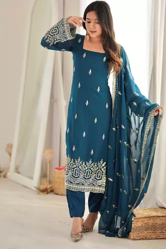 Majestic Teal Blue Sequins Georgette Wedding Wear Salwar Suit