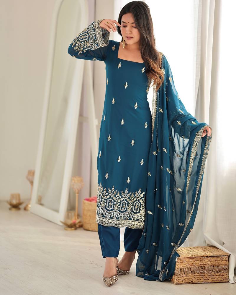Majestic Teal Blue Sequins Georgette Wedding Wear Salwar Suit