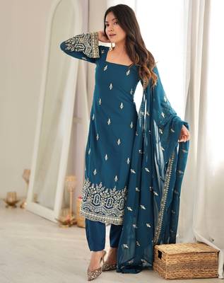Majestic Teal Blue Sequins Georgette Wedding Wear Salwar Suit 3