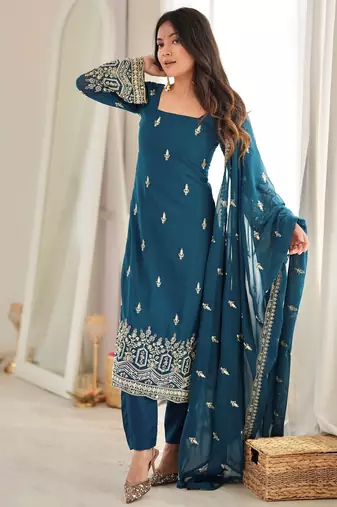 Majestic Teal Blue Sequins Georgette Wedding Wear Salwar Suit