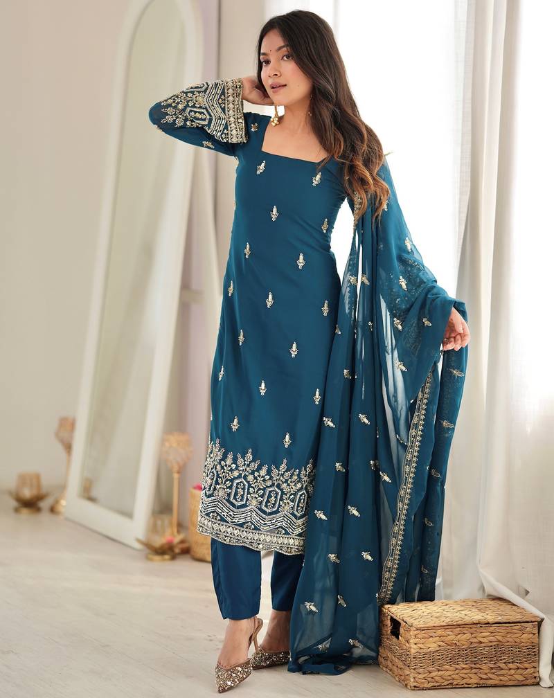 Majestic Teal Blue Sequins Georgette Wedding Wear Salwar Suit