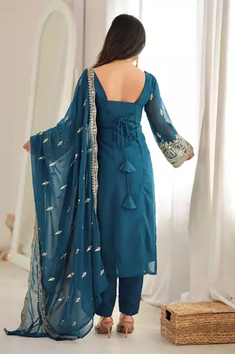 Majestic Teal Blue Sequins Georgette Wedding Wear Salwar Suit