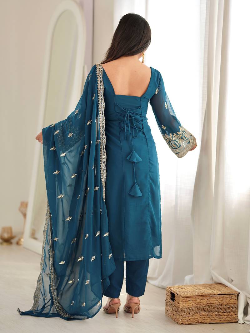 Majestic Teal Blue Sequins Georgette Wedding Wear Salwar Suit