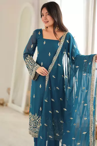 Majestic Teal Blue Sequins Georgette Wedding Wear Salwar Suit