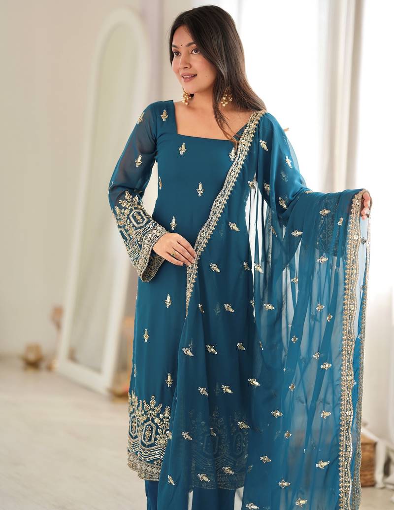 Majestic Teal Blue Sequins Georgette Wedding Wear Salwar Suit