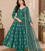 Green simmar silk embroidery party wear anarkali suit set