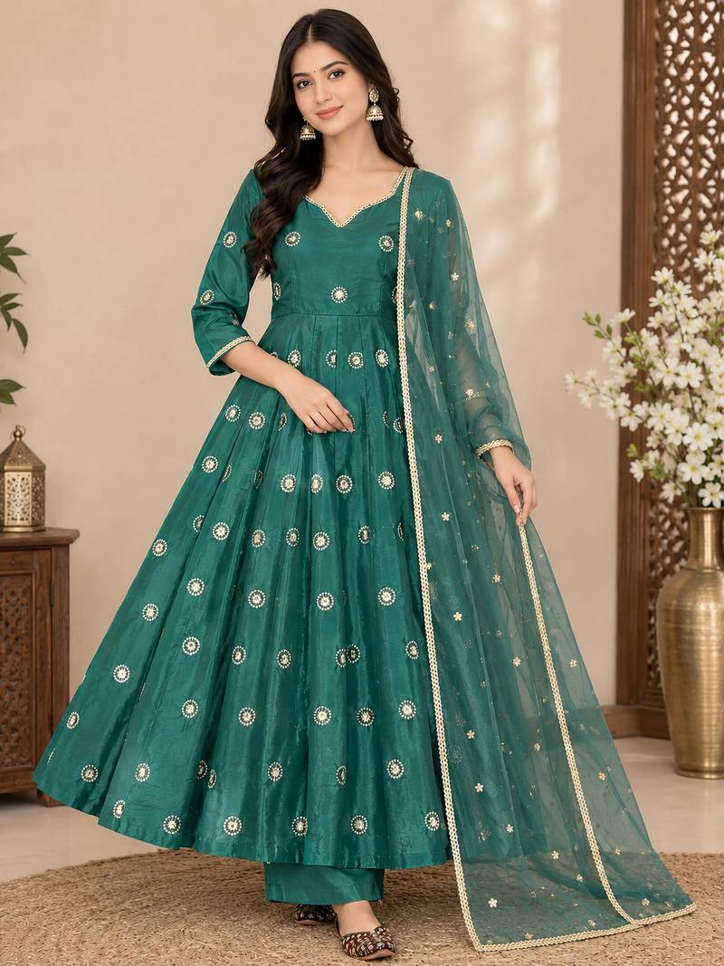 Green simmar silk embroidery party wear anarkali suit set