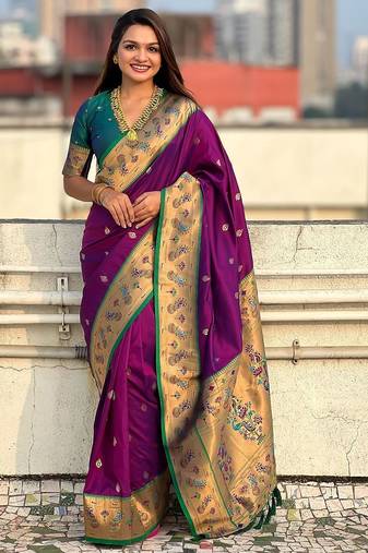 purple woven design zari designer paithani saree