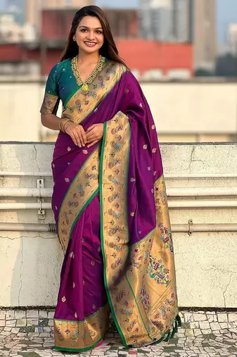 purple woven design zari designer paithani saree