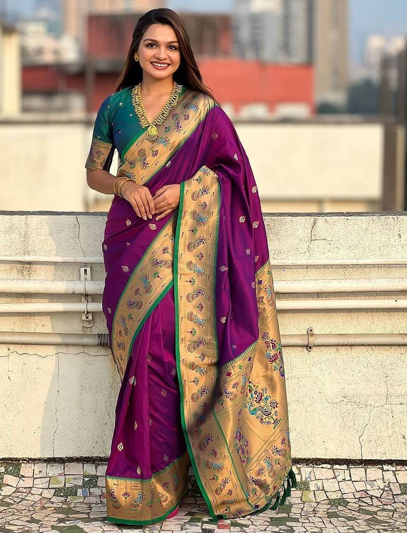 purple woven design zari designer paithani saree