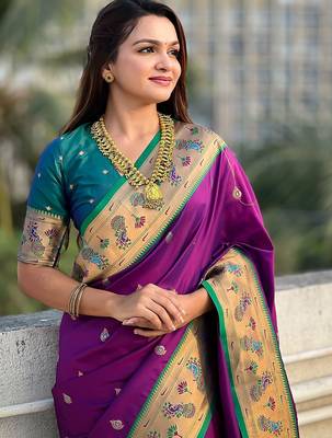purple woven design zari designer paithani saree 4