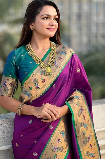 purple woven design zari designer paithani saree