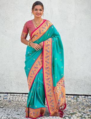 blue woven design zari ethnic motifs designer paithani saree 1