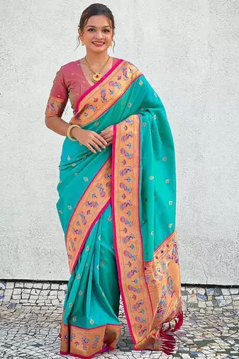 blue woven design zari ethnic motifs designer paithani saree