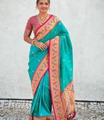 blue woven design zari ethnic motifs designer paithani saree