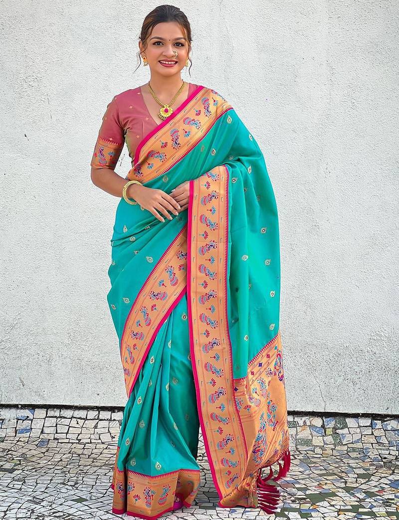 blue woven design zari ethnic motifs designer paithani saree