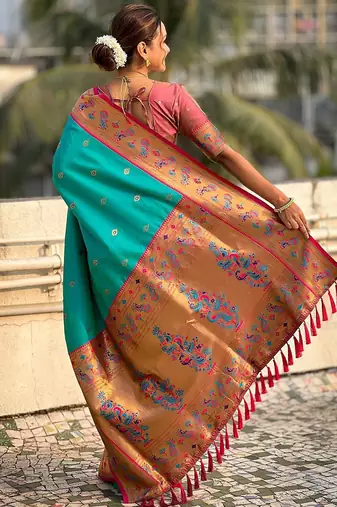blue woven design zari ethnic motifs designer paithani saree