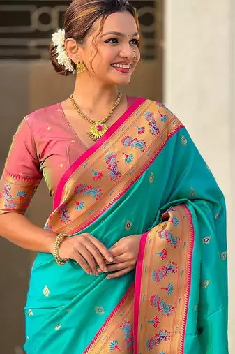 blue woven design zari ethnic motifs designer paithani saree