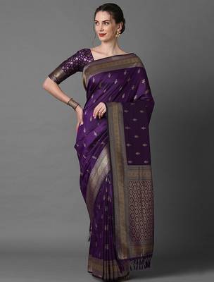 purple ethnic motifs zari silk blend banarasi saree 1