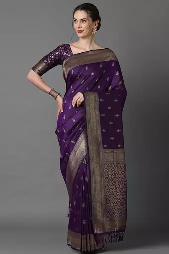 purple ethnic motifs zari silk blend banarasi saree
