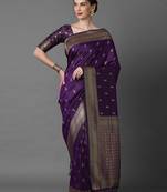 purple ethnic motifs zari silk blend banarasi saree