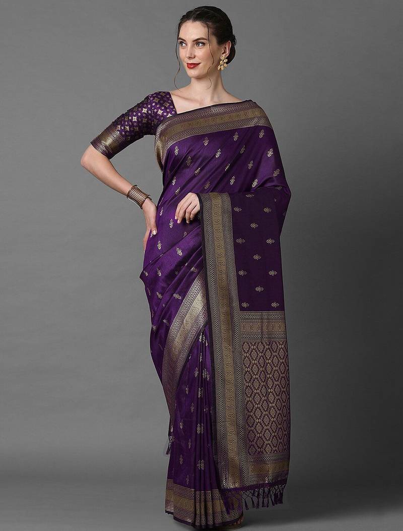 purple ethnic motifs zari silk blend banarasi saree