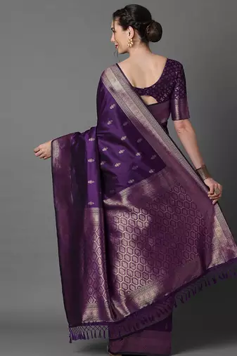 purple ethnic motifs zari silk blend banarasi saree