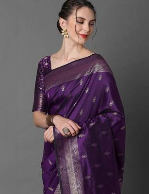 purple ethnic motifs zari silk blend banarasi saree 3