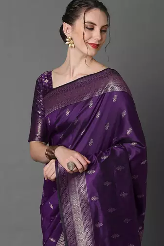purple ethnic motifs zari silk blend banarasi saree