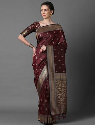 brown brown & gold-coloured ethnic motifs woven design silk blend banarasi saree 1