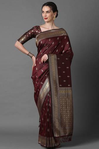brown brown & gold-coloured ethnic motifs woven design silk blend banarasi saree