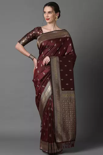 brown brown & gold-coloured ethnic motifs woven design silk blend banarasi saree