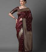 brown brown & gold-coloured ethnic motifs woven design silk blend banarasi saree