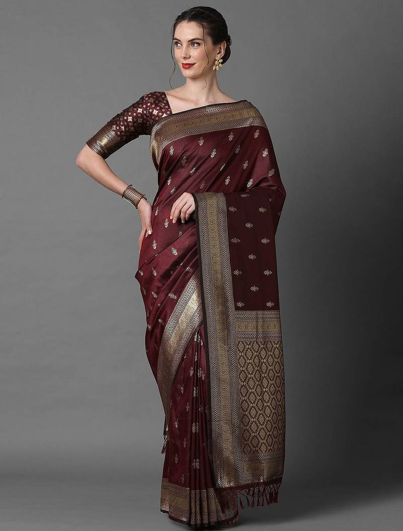 brown brown & gold-coloured ethnic motifs woven design silk blend banarasi saree