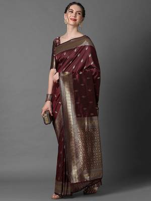 brown brown & gold-coloured ethnic motifs woven design silk blend banarasi saree 2