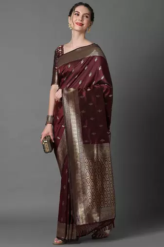 brown brown & gold-coloured ethnic motifs woven design silk blend banarasi saree