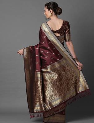 brown brown & gold-coloured ethnic motifs woven design silk blend banarasi saree 3