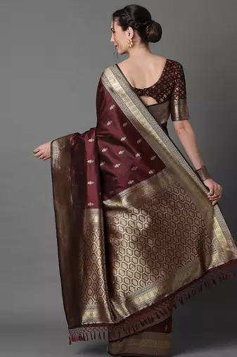 brown brown & gold-coloured ethnic motifs woven design silk blend banarasi saree