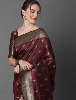 brown brown & gold-coloured ethnic motifs woven design silk blend banarasi saree 4
