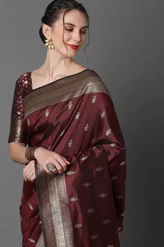 brown brown & gold-coloured ethnic motifs woven design silk blend banarasi saree