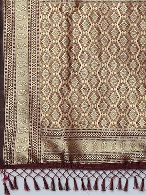brown brown & gold-coloured ethnic motifs woven design silk blend banarasi saree 5